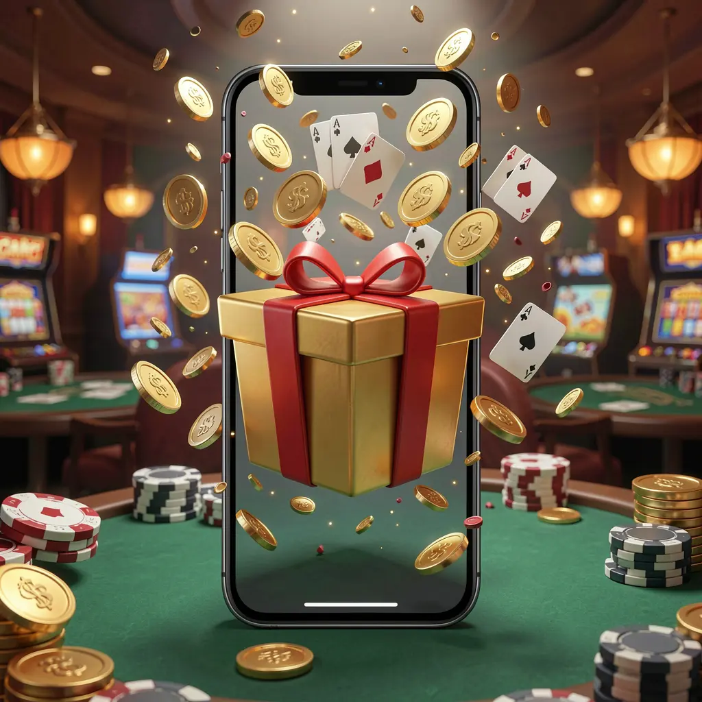 88F333 mobile casino bonus app concept showing a phone screen with a gift box and coins bursting out in a festive casino atmosphere