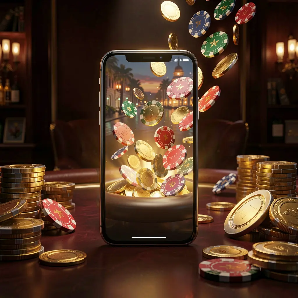88F333 online gaming app displayed on a smartphone screen with glowing casino chips and coins emerging, set against a luxury dark background with cinematic lighting in a high detail 3D render
