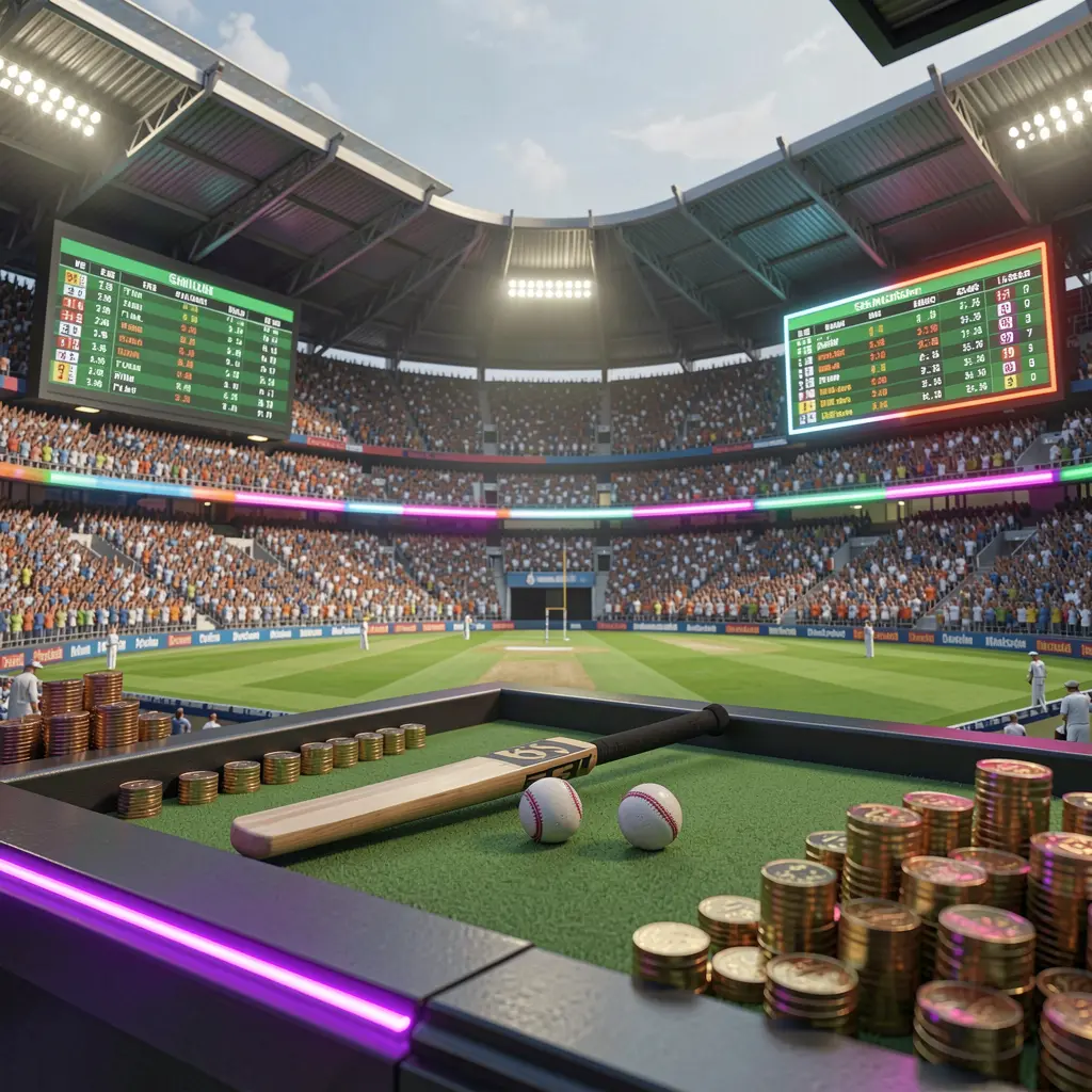 88F333 cricket sportsbook scene with a packed cricket stadium, green field, bat and ball, digital live odds panels, coins, and neon lighting in a cinematic 3D render