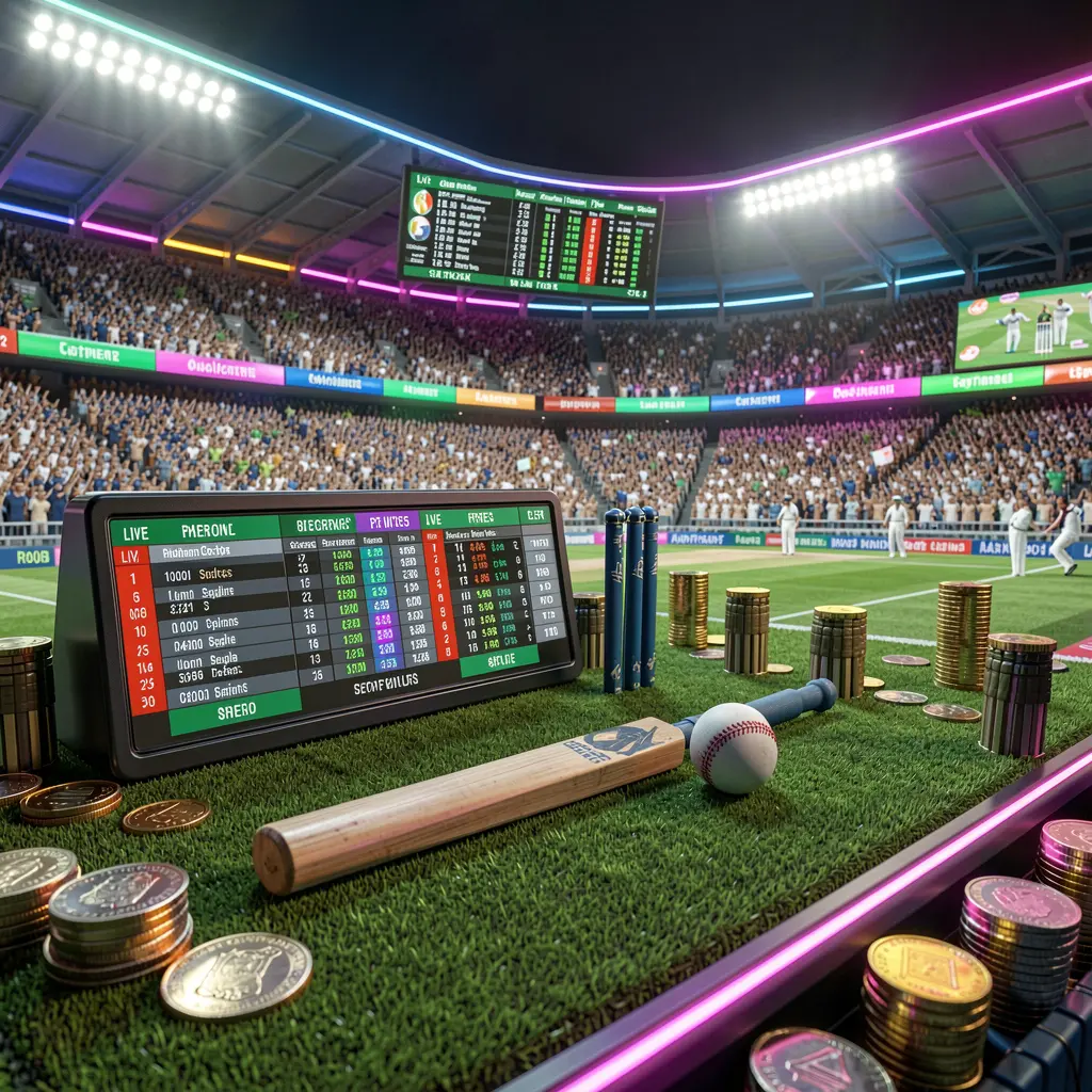 88F333 cricket sportsbook scene with a packed cricket stadium, green field, bat and ball, digital live odds panels, coins, and neon lighting in a cinematic 3D render