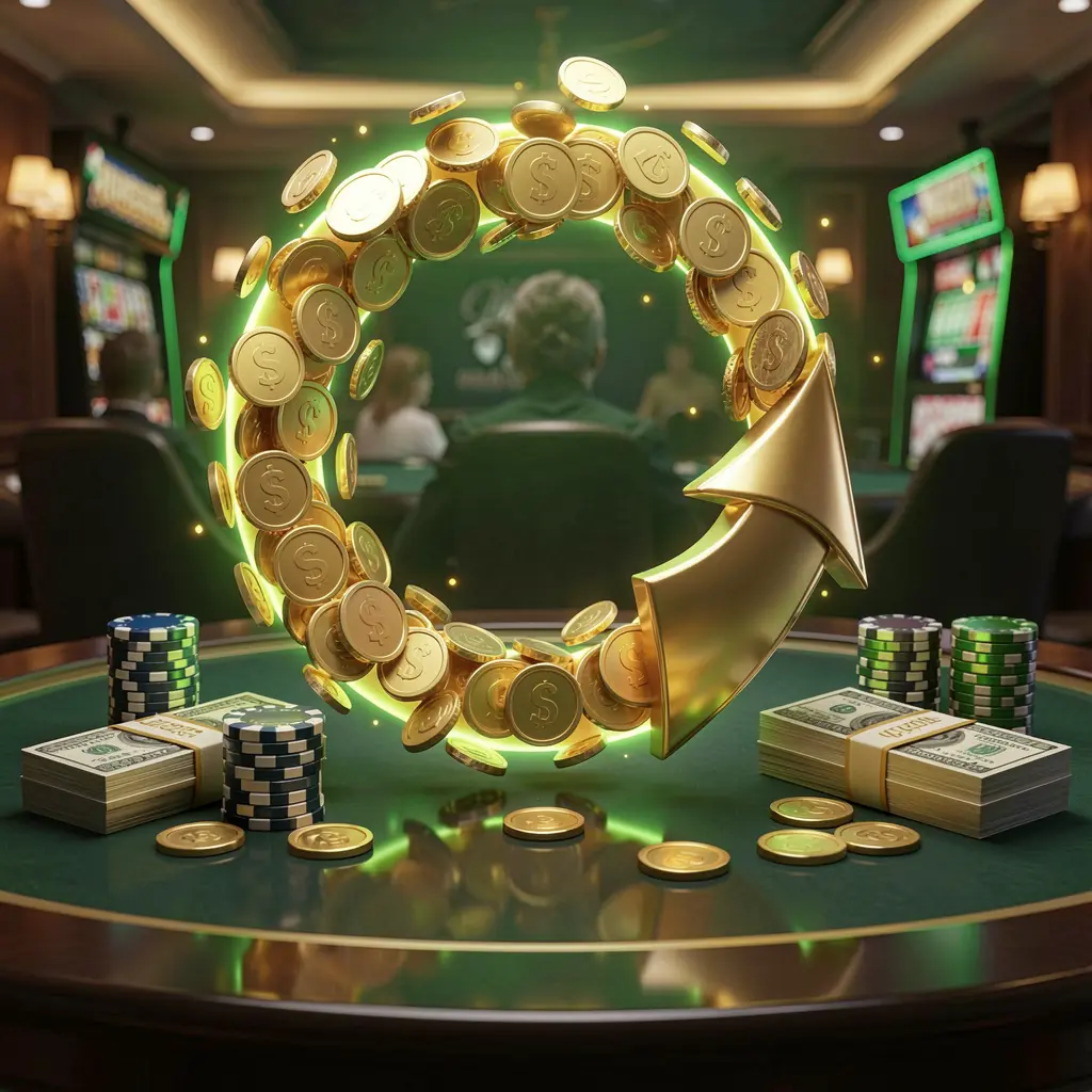 88F333 casino cashback bonus visual featuring golden coins returning in a circular arrow motion with poker chips and cash bundles on a glossy dark table, glowing green and gold accents in a premium online casino style with cinematic lighting and realistic 3D render