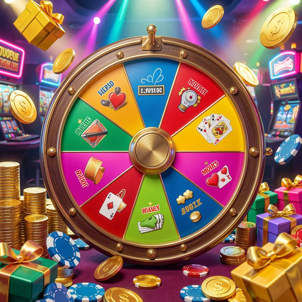 88F333 casino bonus wheel with colorful prize sections surrounded by golden coins, chips, and gift boxes under bright neon casino lights in a dynamic composition
