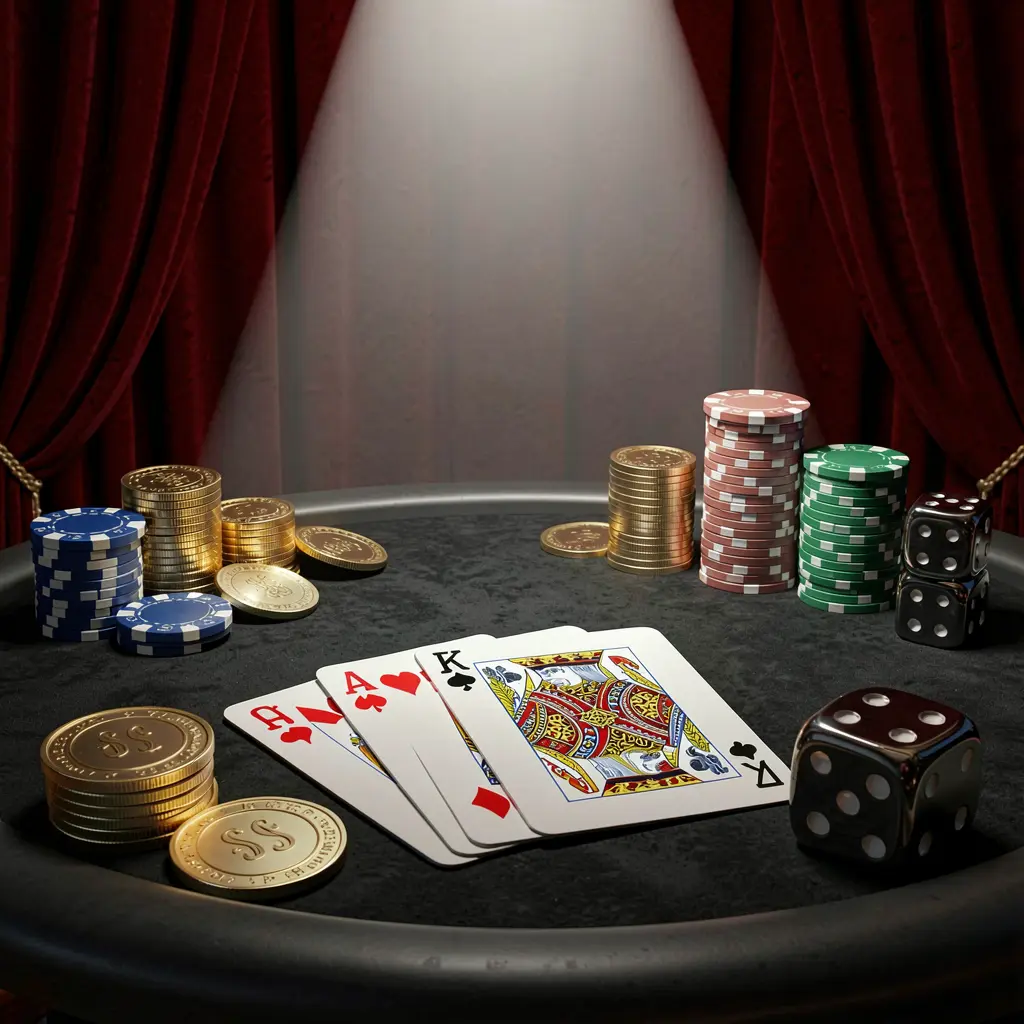 88F333 casino table featuring a royal flush hand with poker chips, golden coins, and dice on a luxury black and red background under a dramatic spotlight in a realistic 3D render