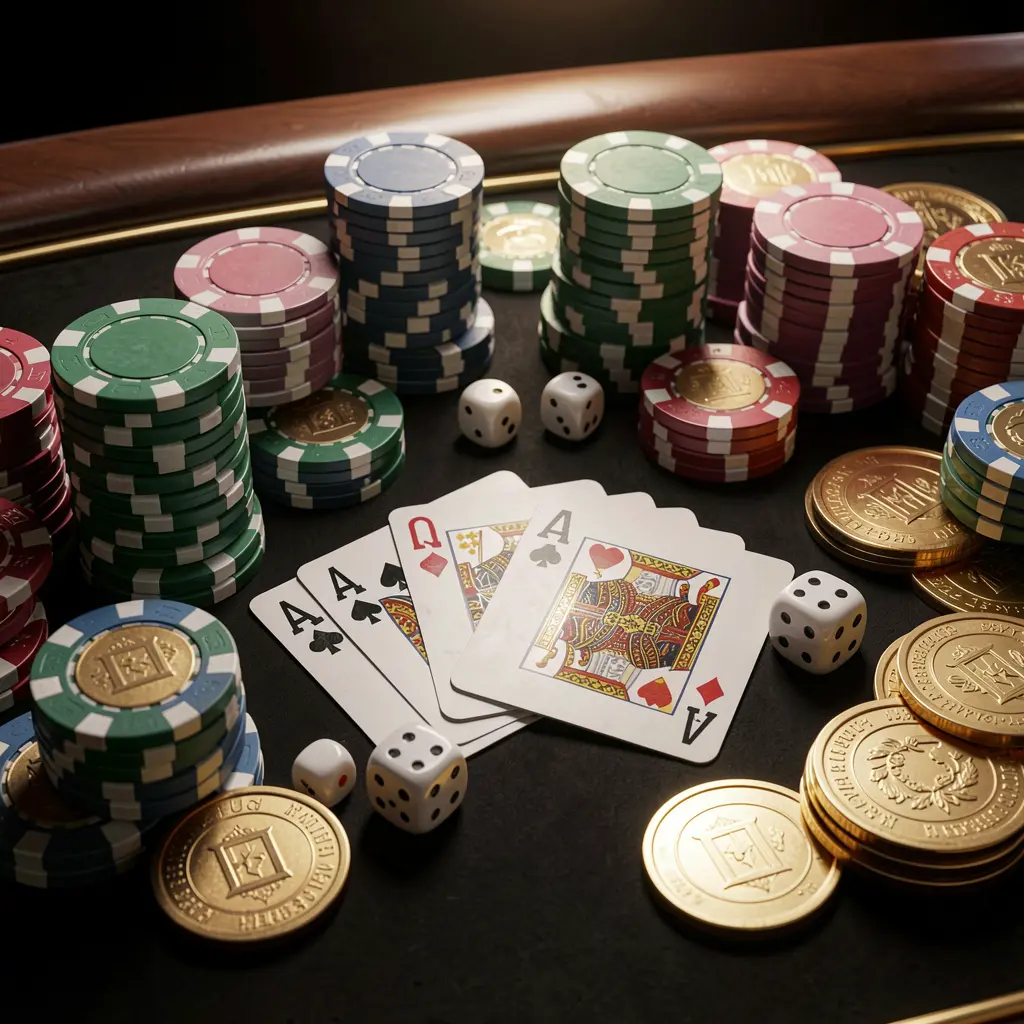 Elegant casino table featuring poker chips, playing cards, dice, and gold coins with soft cinematic lighting on a luxury black background, showcasing 88F333's realistic 3D render