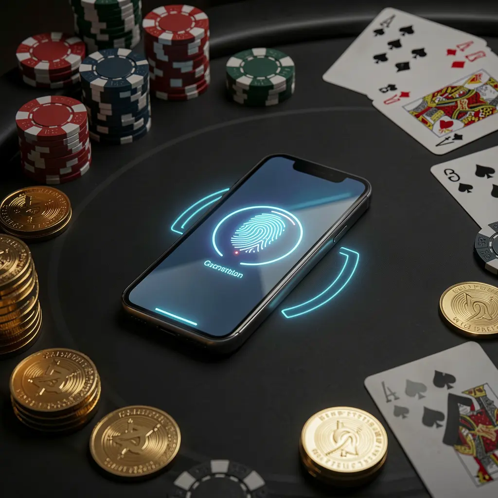 88F333 online casino authentication concept showing a phone with glowing fingerprint scan on a premium black table surrounded by poker chips, golden coins, and playing cards in a cinematic 3D render