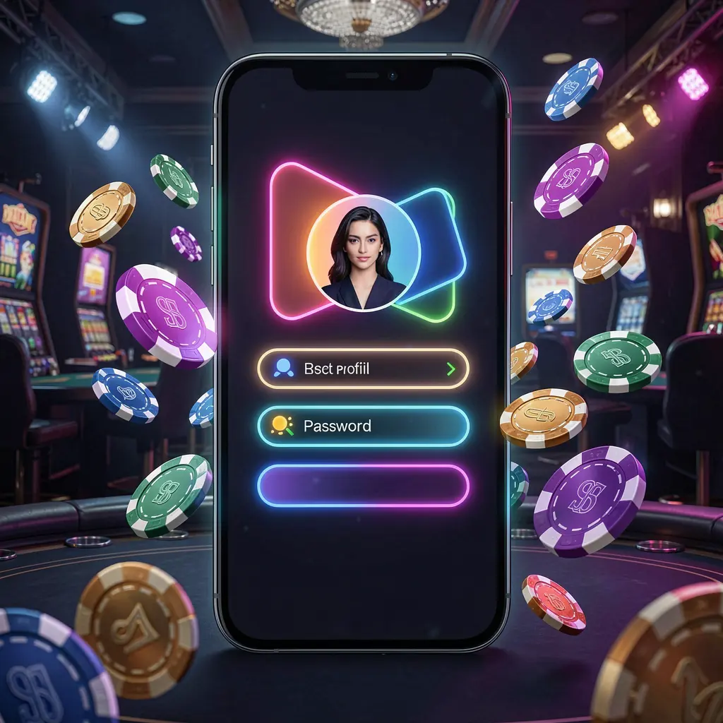 88F333 mobile casino login screen with phone showing user profile and password fields as abstract UI shapes, neon glow, chips and coins flying around in a dark premium casino atmosphere