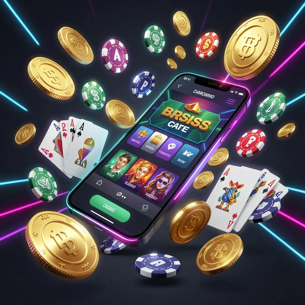 88F333 mobile casino homepage concept showing a smartphone surrounded by golden coins, chips, cards, and glowing icons on a modern dark background with neon accents